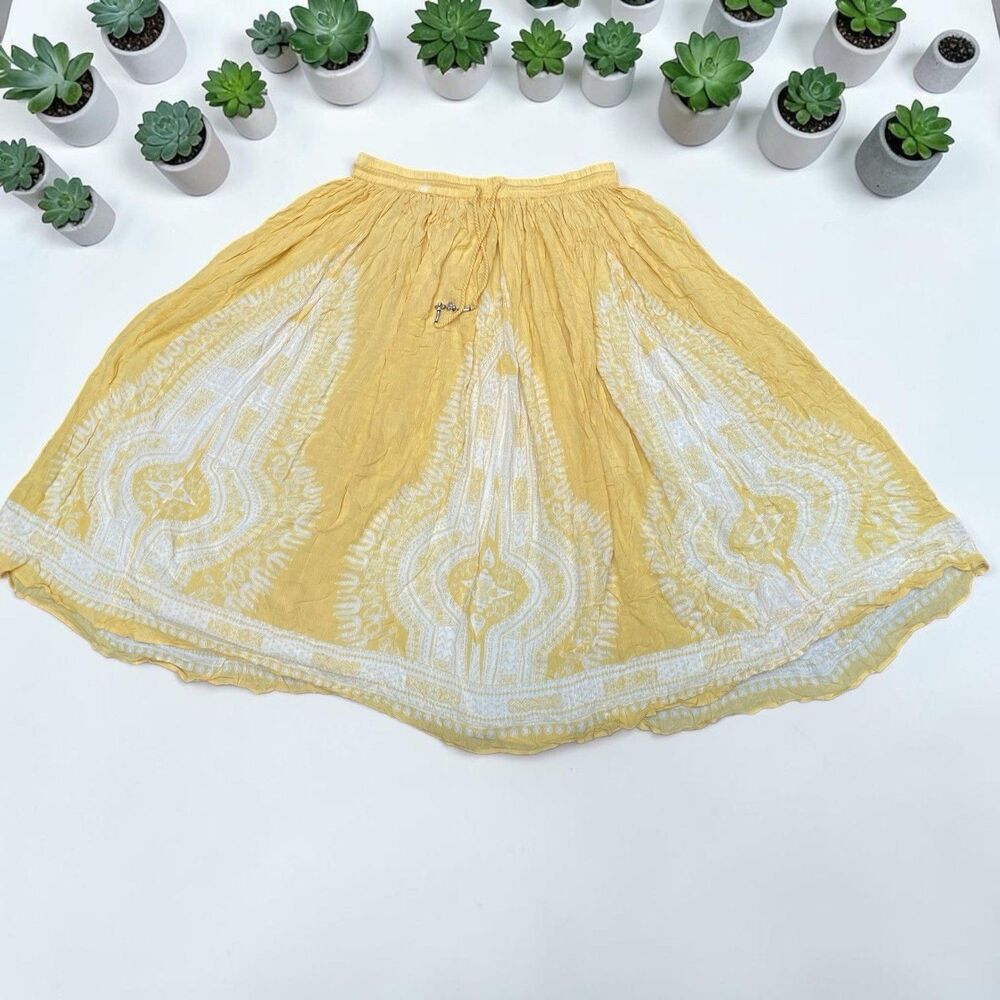 Philosophy Yellow Ivory Boho Peasant Gypsy Flowy Midi Skirt Crinkle Rayon Size L